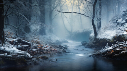 Winter landscape with a river in the old dense forest