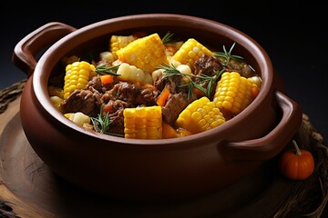 Carbonada, a rich and flavorful Argentine stew with beef, corn, potatoes, and fruits, traditionally cooked in a hollowed-out pumpkin, offering a unique taste.

