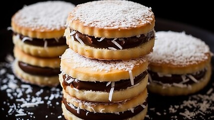Obraz na płótnie Canvas Indulge in Alfajores, soft and sweet sandwich cookies oozing with dulce de leche, and often enrobed in chocolate or dusted with powdered sugar.