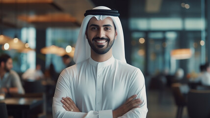 Fototapeta na wymiar Portrait of happy Young Arab businessman looks in camera at office background.