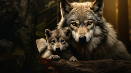 Naklejka na ściany i meble Wolf and its wolf cub