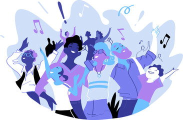 Group of people of different ages is happy to be together celebrating a special event. Happy family enjoy concert, music festival, party, show, performance, recital. Vector illustration - 690109118