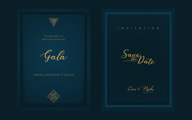 Luxury gala invitation card background vector. Golden elegant wavy gold line pattern on black background. Premium design illustration for wedding and vip cover template, grand opening.
