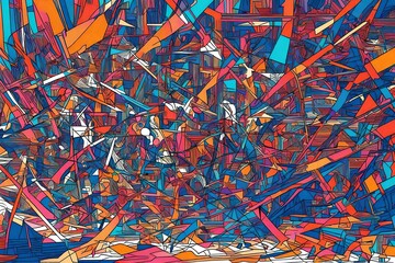 An abstract, minimalist WAR SCENE painting stylized with basic forms. Bright colors.