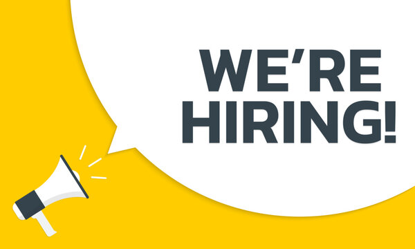 We're hiring text banner with megaphone and speech bubble. Job hire, recruitment concept. Vacancy announcement background. Vector illustration.