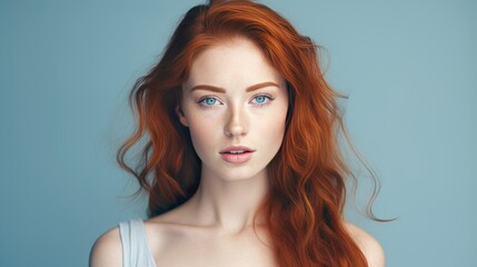 Portrait of an elegant, sexy happy Caucasian woman with perfect skin and red hair, on a light blue background, banner.