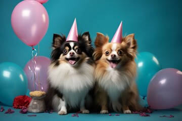 Cute smiling dogs celebrating pet shop anniversary or birthday, plain blue color background