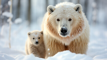 Polar bear (Ursus maritimus) mother with cub in winter forest - obrazy, fototapety, plakaty
