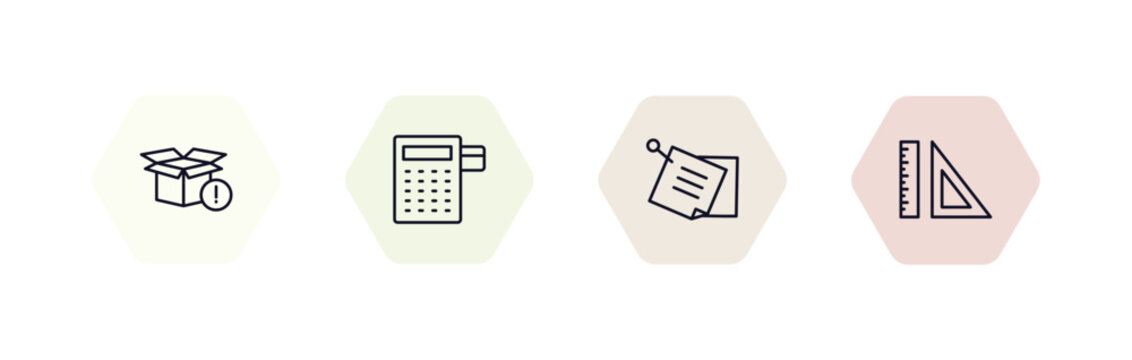 Outline Icons Set From Business Concept. Editable Vector Included Empty Box, Reader, Post It, Maths Tool Icons.