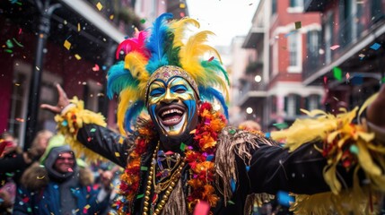 Fototapeta premium Mardi Gras portrait. People in carnival mask masquerade costume with feathers and sparklers in purple green yellow golden colors. Christmas, New Year, Mardi Gras concept. Festive time, dance, party..