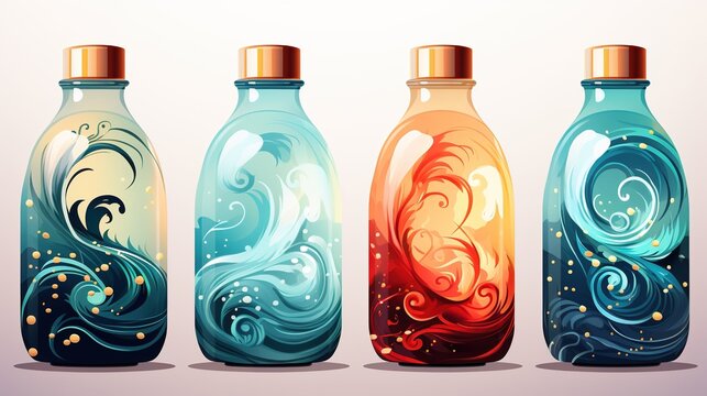 Thermal bottles on isolated design. Bottles with ocean design. Product photo of hydro flask bottles.