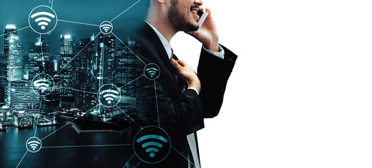 Double Exposure Image of Business Communication Network Technology Concept - Business people using...