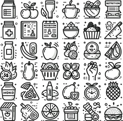 Collection of Nutrition Editable Icons isolated on white background vector types: Food, Fruits, Minerals, mixed fruits  Health, Medical and more. illustration EPS10 