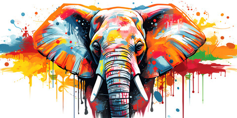 Elephant colored pop art illustration style, A painted portrait of an elephant's face with vibrant...