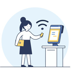 characters using self-service terminals with touch screens, concept cartoon automation, and contactless payment technology. vector cartoon characters.
