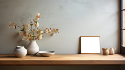 Photo poster frame mockup with a green plant and wooden frames on a transparent background. area PNG File