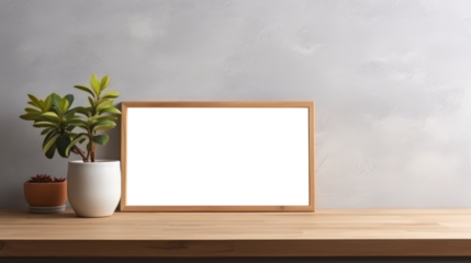 Photo poster frame mockup with a green plant and wooden frames on a transparent background. area PNG File