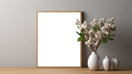 Photo poster frame mockup with a green plant and wooden frames on a transparent background. area PNG File