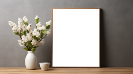 Photo poster frame mockup with a green plant and wooden frames on a transparent background. area PNG File
