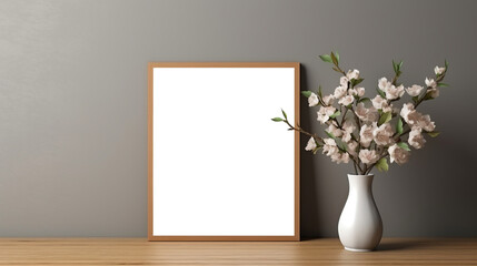 Photo poster frame mockup with a green plant and wooden frames on a transparent background. area PNG File