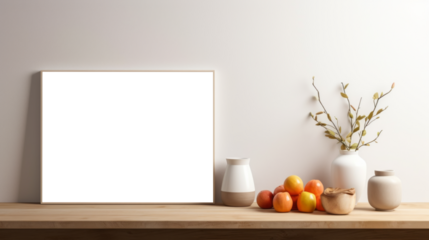 Photo poster frame mockup with a green plant and wooden frames on a transparent background. area PNG File