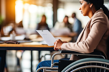 Businesswoman in wheelchair at a work meeting - obrazy, fototapety, plakaty