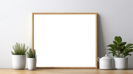 Photo poster frame mockup with a green plant and wooden frames on a transparent background. area...