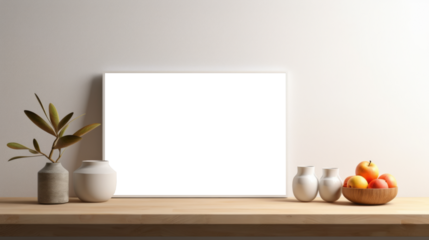 Photo poster frame mockup with a green plant and wooden frames on a transparent background. area PNG File