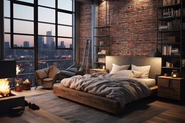 Bedroom with large windows in loft style