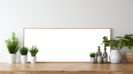 Photo poster frame mockup with a green plant and wooden frames on a transparent background. area PNG File