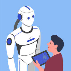 Man in front of android and controlling it with tablet pc. Controlling AI concept. Presentation of modern anthropomorphic robot, technological breakthrough. Flat cartoon style.