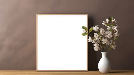 Fototapeta na wymiar Photo poster frame mockup with a green plant and wooden frames on a transparent background. area PNG File