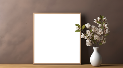 Photo poster frame mockup with a green plant and wooden frames on a transparent background. area PNG File