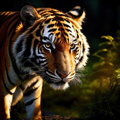 A formidable tiger sneaks in the night forest. Generative AI.