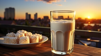 A glass white mug with natural cow's milk stands on the table against the background
