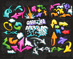 Colorful big cartoon arrows set. Illustration signs elements for fun kids design