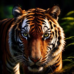 Obraz premium A formidable tiger sneaks in the night forest. Generative AI.