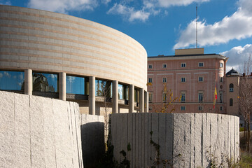 Iconic Senate building in Madrid, a symbol of political heritage and architectural grandeur, stands tall in the city center in Spain