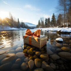 A gift for winter ice fishing. A surprise for catching fish tool store. A marketing promotion for the fisherman. Presentation post for social media bg, lake + nature. Gift with bow and ribbon social - obrazy, fototapety, plakaty