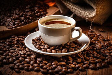 Fototapeta premium a wooden dining table with a cup of coffee placed on it. The coffee cup is filled with a small amount of coffee, and it is surrounded by a pile of coffee beans.