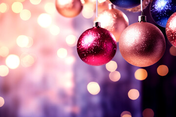 Beautiful christmas balls, hang,vibrant color, space for text,bokeh background,glitter, shiny light winter.  - obrazy, fototapety, plakaty