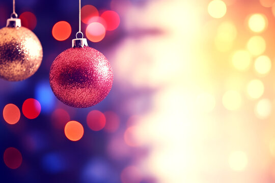 Beautiful christmas balls, hang,vibrant color, space for text,bokeh background,glitter, shiny light winter. 