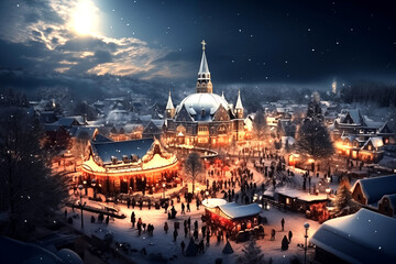 Christmas festival party around the city,drone view,snow surround,snowfield,night.  - obrazy, fototapety, plakaty