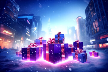 Christmas festival, synthwave,snowfall in the city,snowfield,giftboxes. 