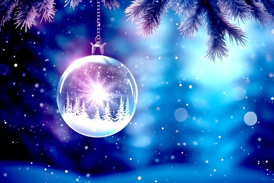 Christmas ball and stars hanging on pine tree,ice flakes,snowfall,shiny light. 