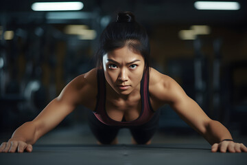 Fototapeta na wymiar Asian strong woman doing push ups in the gym