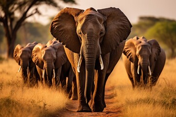 Fototapeta na wymiar Herd of Elephants in the African Savannah. Generative AI. 
