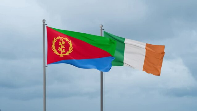 Ireland flag and Eritrea flag waving together on cloudy sky, endless seamless loop, two country relations concept