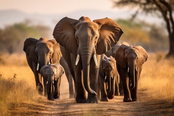 Herd of Elephants in the African Savannah. Generative AI.
 - obrazy, fototapety, plakaty