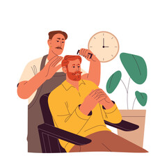 Hairstylist with mustache makeover client hairstyle by comb. Bearded customer sitting in barbershop. Hairdresser, barber work on hair style in beauty salon. Flat isolated vector illustration on white